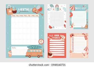 Set of weekly and daily Planner template.  Schedule with Notes and To Do List with summer items. Vector illustration