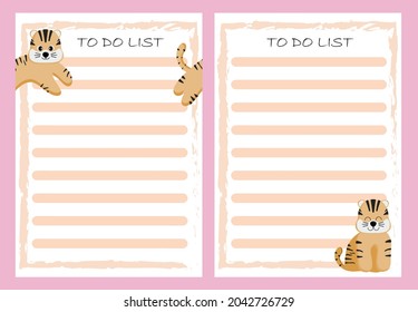 A set of weekly or daily planners, note paper, to-do list, sticker templates decorated with cute and cute tigers. A fashionable task planner or organizer. Flat vector style
