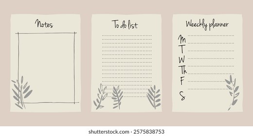 Set of weekly, daily planners, note templates and to-do lists decorated with hand-drawn leaves, plant sketches. Modern planner or organizer. Vector monochrome illustration.