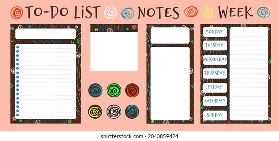 Set of weekly daily planning templates. To-do list, notes, notes and shopping list. Hand drawn, isolated, vector design.