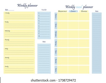 Set - weekly food and business planner template. Food diary, sheet of paper, place for notes. Stationery for menu planning and grocery. Vector illustration.