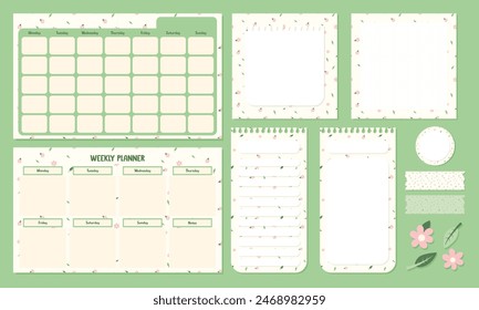 Conjunto de Plantilla de Vector imprimible planificador mensual semanal con lindo cuaderno de notas kawaii y pegatinas