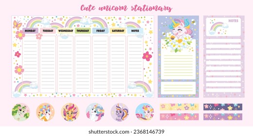 Set of weekly planner with cute unicorns. Kids schedule of classes. Notes and to do list. Memo pages and stickers with magic horses. Timetable design. Printable organizer sheets. Vector illustration.