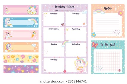 Set of weekly planner with cute unicorns. Kids schedule of classes. Notes and to do list. Memo pages and stickers with magic horses. Timetable design. Printable organizer sheets. Vector illustration.
