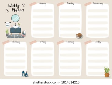 Set of weekly planner and to do list with home interior decor illustrations. Template for agenda, schedule, planners, checklists, notebooks, cards and other stationery.