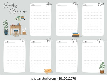 Set of weekly planner and to do list with home interior decor illustrations. Template for agenda, schedule, planners, checklists, notebooks, cards and other stationery.