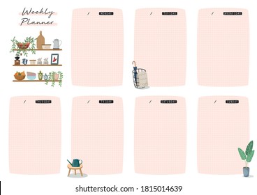 
Set of weekly planner and to do list with home interior decor illustrations. Template for agenda, schedule, planners, checklists, notebooks, cards and other stationery.