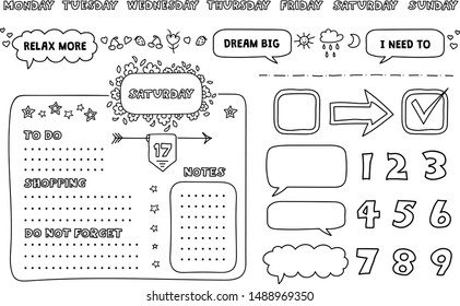 Set of weekly planner elements and to do lists with trendy lettering in a doodle style. Template for agenda, planners, check lists, and other stationery.