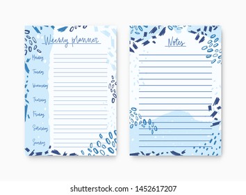 Set of weekly planner and list for notes templates decorated by abstract paint traces and scribble. Printable pages for diary or reminder for task organization. Modern artistic vector illustration.