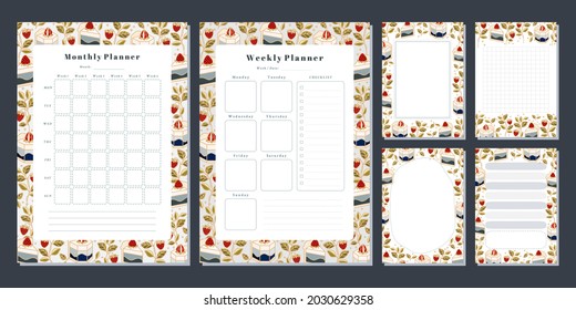 Set of weekly planner, monthly planner, note, memo, school scheduler templates with hand drawn cake, floral, and strawberry elements