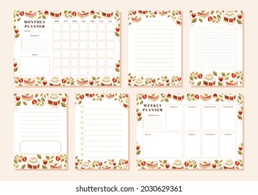 Set of weekly planner, monthly planner, note, memo, school scheduler templates with hand drawn cake, floral, and strawberry elements