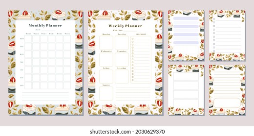 Set of weekly planner, monthly planner, note, memo, school scheduler templates with hand drawn cake, floral, and strawberry elements