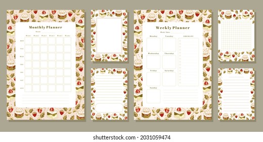 Set of weekly planner, monthly planner, note, memo, school scheduler templates with hand drawn cake, floral, and strawberry elements