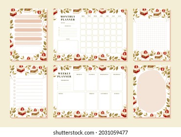 Set of weekly planner, monthly planner, note, memo, school scheduler templates with hand drawn cake, floral, and strawberry elements