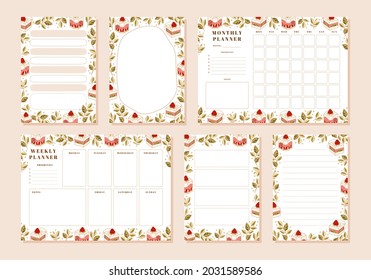 Set of weekly planner, monthly planner, note, memo, school scheduler templates with hand drawn cake, floral, and strawberry elements