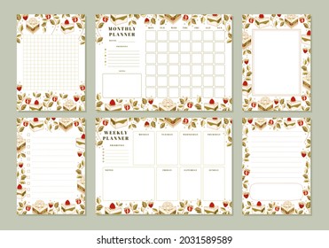 Set of weekly planner, monthly planner, note, memo, school scheduler templates with hand drawn cake, floral, and strawberry elements