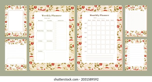 Set of weekly planner, monthly planner, note, memo, school scheduler templates with hand drawn cake, floral, and strawberry elements