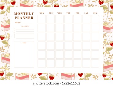 Set of weekly planner, monthly planner, school scheduler templates with hand drawn cake, floral, and strawberry elements