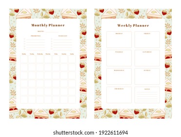 Set of weekly planner, monthly planner, school scheduler templates with hand drawn cake, floral, and strawberry elements