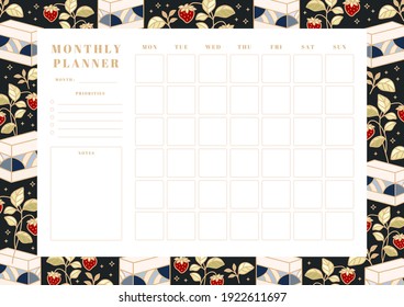 Set of weekly planner, monthly planner, school scheduler templates with hand drawn cake, floral, and strawberry elements