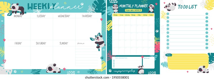 Set of weekly planner, monthly planner and todo list with Panda Bears and leaves