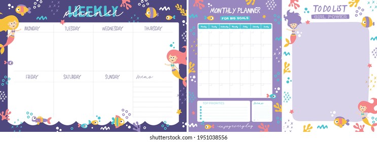 Set of weekly planner, monthly planner and todo list with Mermaids and Sea Life