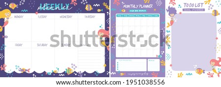 Set of weekly planner, monthly planner and todo list with Mermaids and Sea Life