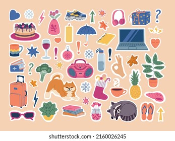 Conjunto de stickers semanales de planificadores. Imagen y símbolos personalizados para diarios y organizadores. Ilustración vectorial dibujada a mano aislada en el fondo. Estilo de caricatura plano.