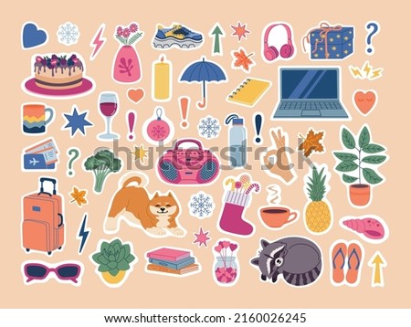 Set of weekly planner stickers. Cute image and symbols for diaries and organizers. Hand drawn vector illustration isolated on background. Flat cartoon style.
