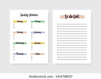 Set of weekly planner and to-do-list templates with headings highlighted by paint traces. Decorative daily plan, schedule, reminder or timetable. Printable sheet. Stylish vector illustration.