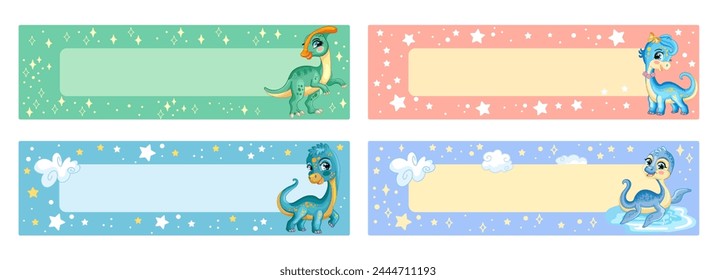 Set of weekly planners with cartoon cute dinosaurs. Kids schedule design template. Blank childish note stickers with colorful dino. Memo pad with dinos, Vector colorful illustration. Ready to print