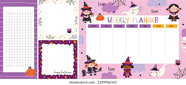  set of weekly planners with cute cartoon characters of  ghost, skeleton, witch, pumpkins.Happy Halloween.  Kids schedule of classes. Notes and to do list. Memo pages. Timetable design with Spider. Or