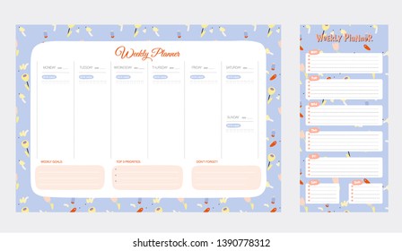 Set of weekly planners and to do lists with cute animals illustrations and trendy lettering. Template for agenda, planners, check lists, and other kids stationery. Isolated. Vector
