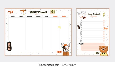 Set of weekly planners and to do lists with cute animals illustrations and trendy lettering. Template for agenda, planners, check lists, and other kids stationery. Isolated. Vector