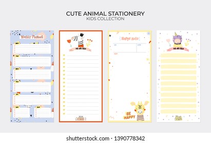 Set of weekly planners and to do lists with cute animals illustrations and trendy lettering. Template for agenda, planners, check lists, and other kids stationery. Isolated. Vector