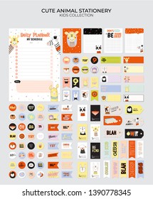 Set of weekly planners and to do lists with cute animals illustrations and trendy lettering. Template for agenda, planners, check lists, and other kids stationery. Isolated. Vector