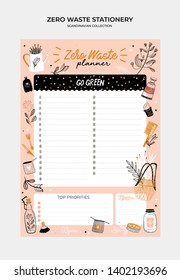 Set of weekly planners and to do lists with zero waste illustrations and trendy lettering. Template for agenda, planners, check lists, and other kids stationery. Isolated. Vector