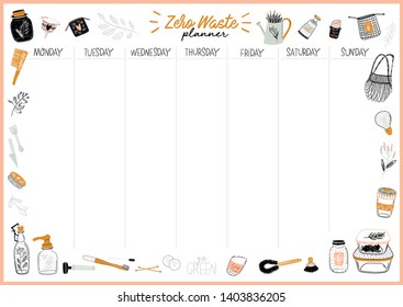 Set of weekly planners and to do lists with zero waste illustrations and trendy lettering. Template for agenda, planners, check lists, and other kids stationery. Isolated. Vector
