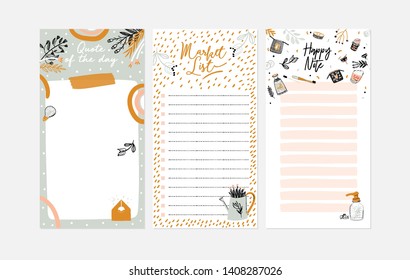 Set of weekly planners and to do lists with zero waste illustrations and trendy lettering. Template for agenda, planners, check lists, and other kids stationery. Isolated. Vector