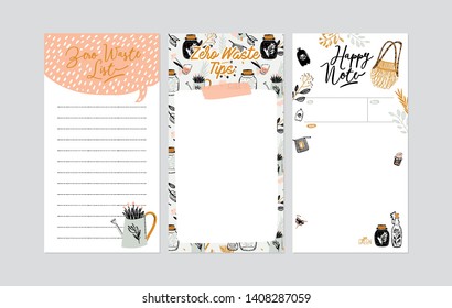 Set of weekly planners and to do lists with zero waste illustrations and trendy lettering. Template for agenda, planners, check lists, and other kids stationery. Isolated. Vector