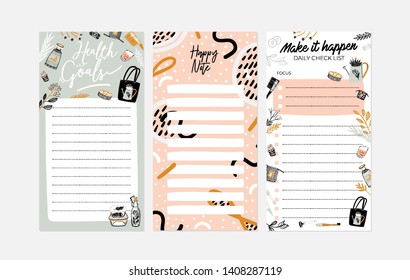 Set of weekly planners and to do lists with zero waste illustrations and trendy lettering. Template for agenda, planners, check lists, and other kids stationery. Isolated. Vector