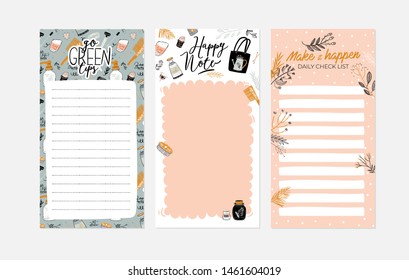 Set of weekly planners and to do lists with zero waste illustrations and trendy lettering. Template for agenda, planners, check lists, and other kids stationery. Isolated. Vector