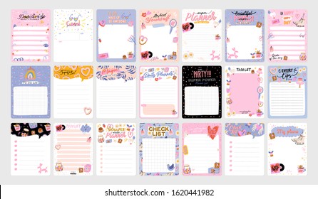 Set of weekly planners and to do lists with love illustrations and trendy lettering. Template for agenda, planners, check lists, and other kids stationery. Isolated. Vector