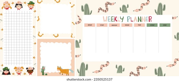 Set of weekly planners in wild west style. Kids schedule of classes. Notes and to do list. Memo pages with cowboys, cactus, horseshoe, horse, snake. Western. Timetable design. Organizer sheets