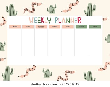 Set of weekly planners in wild west style. Kids schedule of classes. Notes and to do list. Memo pages with cowboys, cactus, horseshoe, horse, snake. Western. Timetable design. Organizer sheets