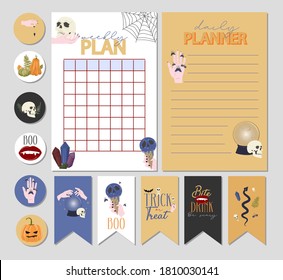 Set of weekly planners, wish list, stickers, tags with Halloween illustration. Scheduler or organizer. Editable vector illustration.