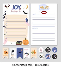 Conjunto de planificadores semanales, lista de deseos, stickers, etiquetas con ilustración de Halloween. Planificador u organizador. Ilustración vectorial editable.