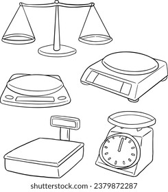 set of weighing machine, scales, digital scale, stainless steel scales. illustrations, line vector set 