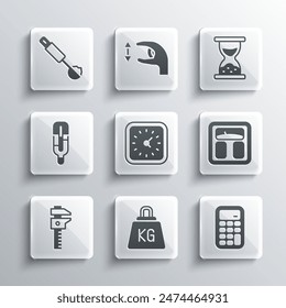 Set Weight, Calculator, Bathroom scales, Clock, Calliper caliper and, Medical thermometer, Measuring spoon and Old hourglass with sand icon. Vector