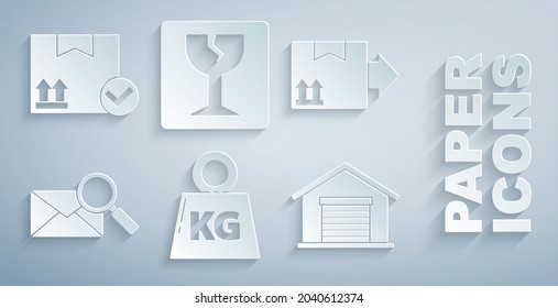 Ajuste peso, caja de cartón con símbolo de tráfico, vidrio de aumento de sobres, almacén, fragilidad de frágiles rotos y icono de marca de verificación Paquete. Vector